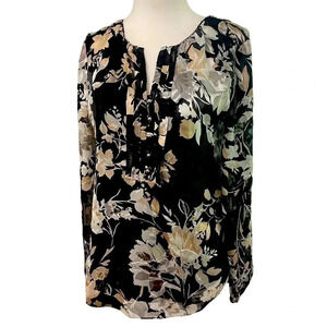 White House Black Market split neck floral top, sheer sleeves.